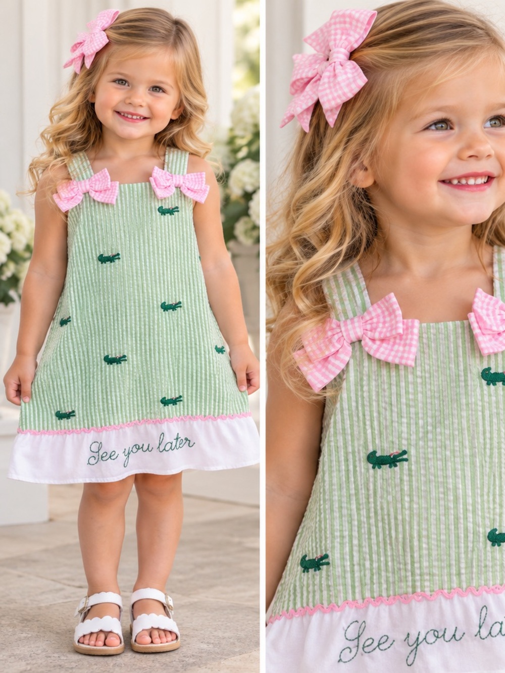 Smocked Flamingo Girls Green Seersucker Alligator Pinafore Dress with Pink Bows